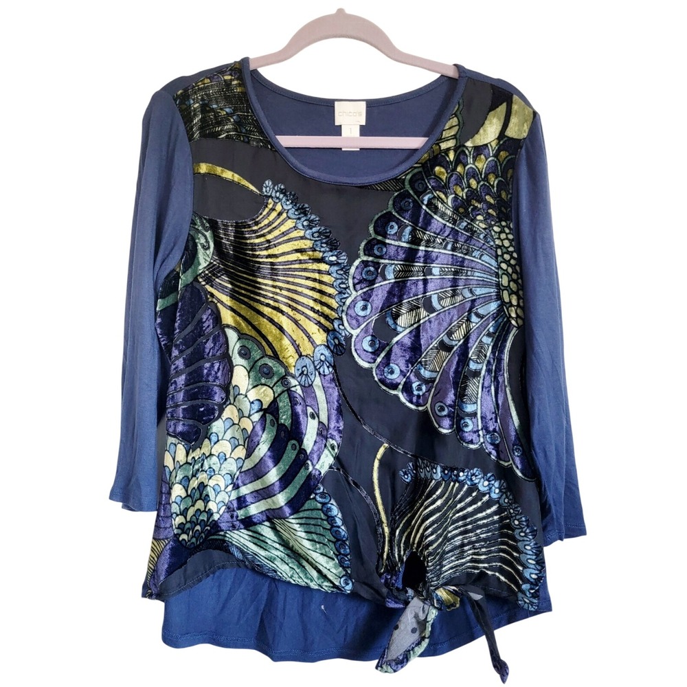 Chico's 1 Velvet Fan Print Tie Front‎ Top Blue Green Purple Medium Mixed Media
